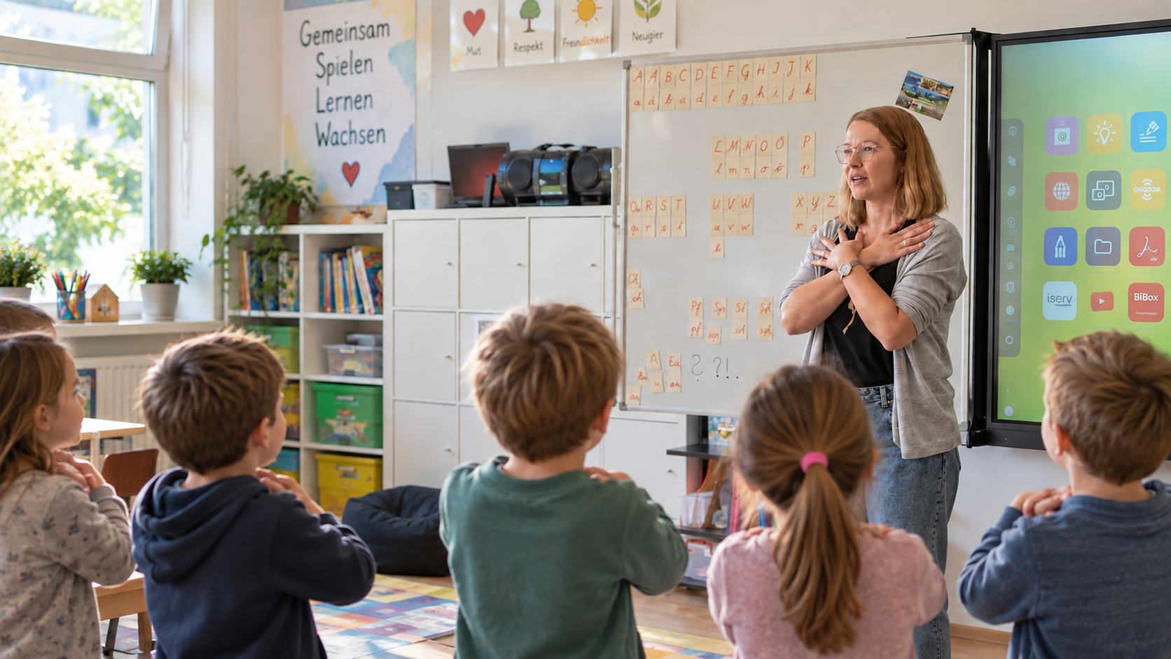 Eine Trainerin begleitet Kinder bei einer Übung im Klassenraum