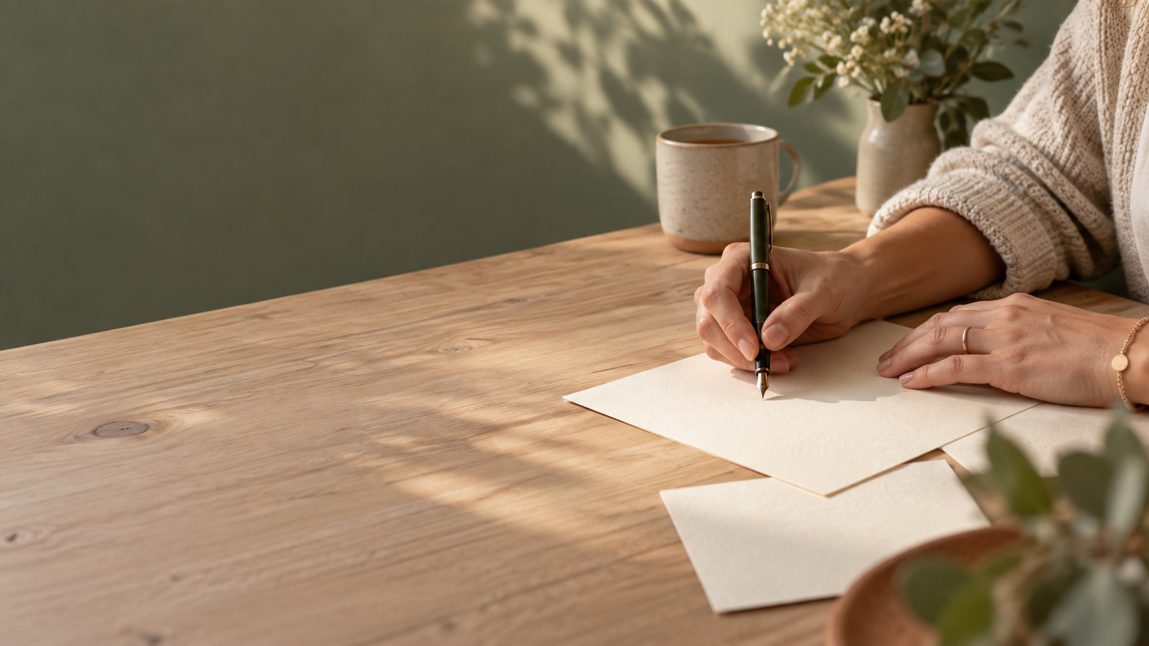 Eine Person schreibt eine Nachricht auf Papier am Schreibtisch